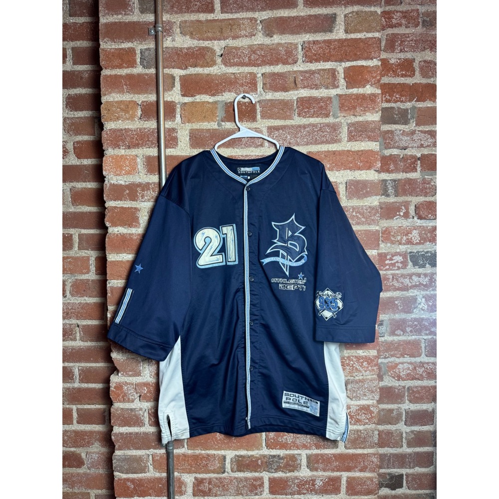 Vintage South Pole Navy Blue Baseball Jersey Button Up Shirt Mens XL 21 Patch